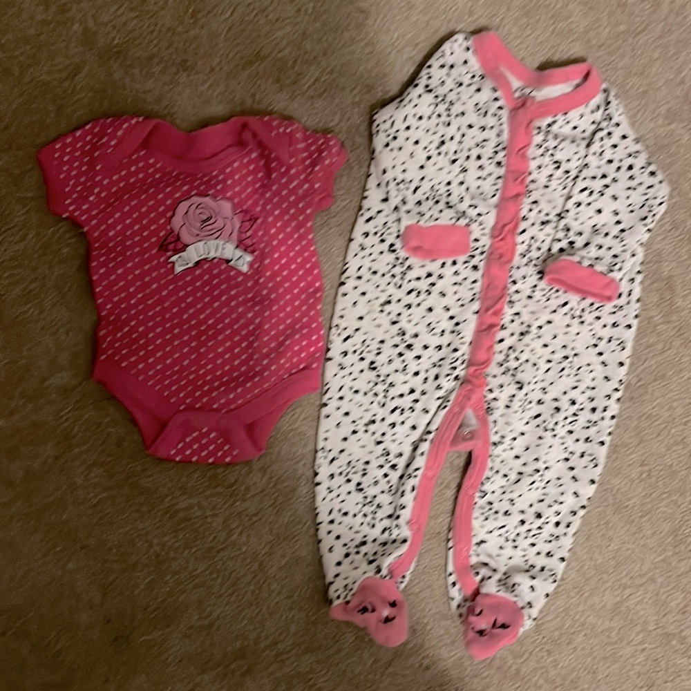 Betsy Johnson onesie (3 mon) and sleeper w/ cute feet (3-6 mon) long sleeve.